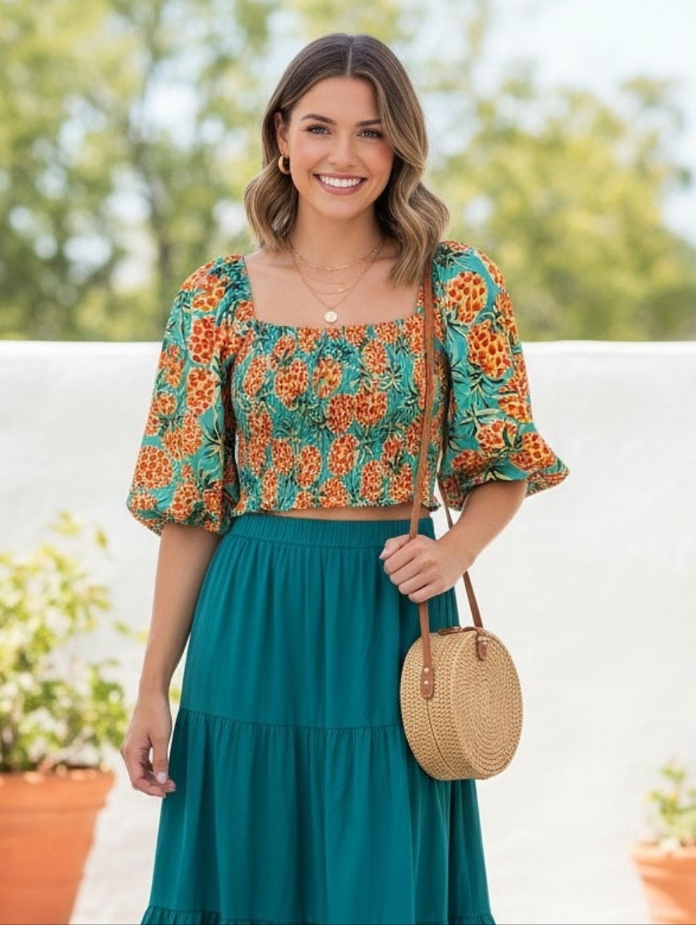 NWT! Skies Are Blue Smocked Pineapple Print Puff Sleeve Crop Top - Teal/Orange